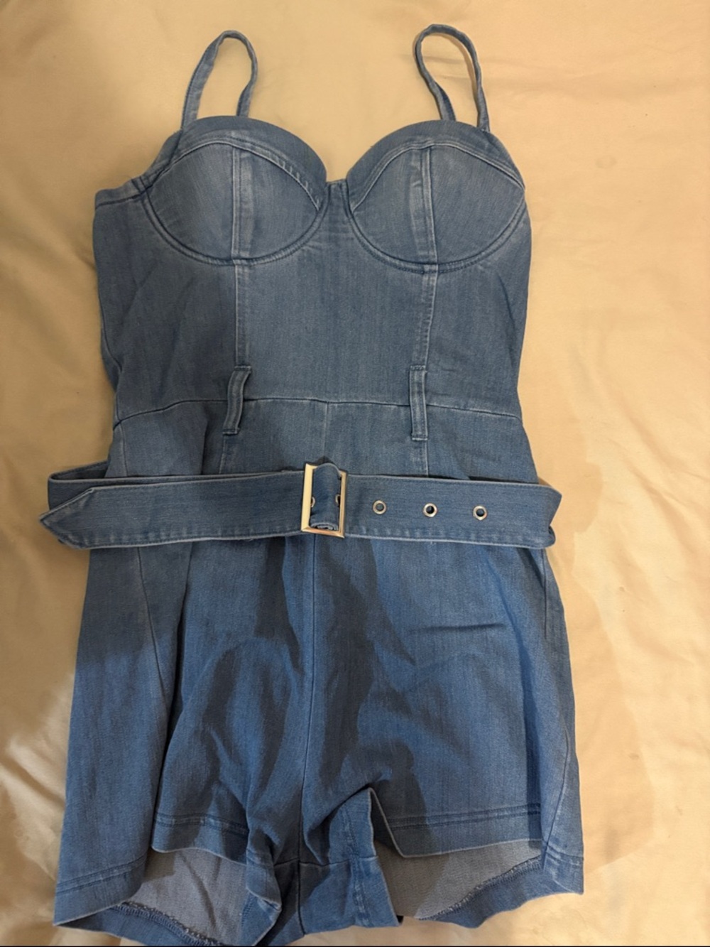Fashion Nova Blue Denim Bustier Romper with Belt